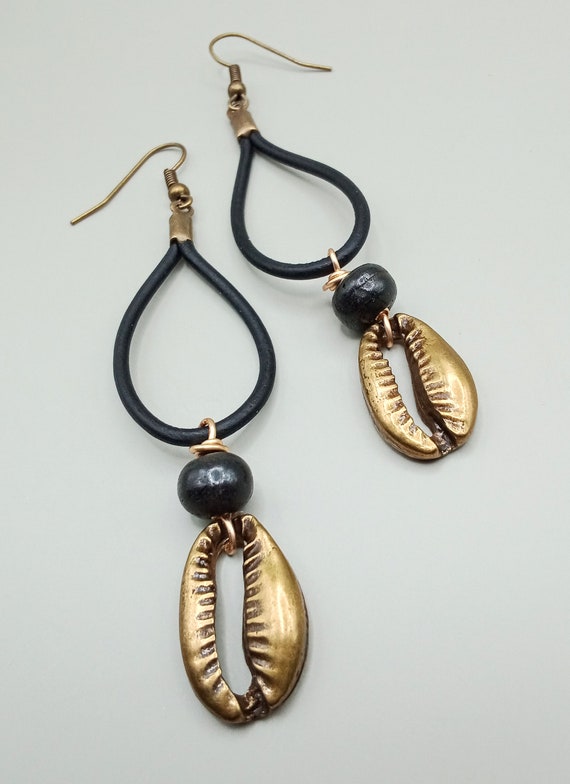 Cowrie Shell Earrings Antique Bronze Leather Jewelry Black