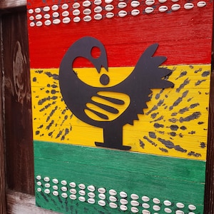 Sankofa Art African Adinkra Sankofa Bird Wall Decor Home Wooden Handmade Cowrie Red Yellow Green Black Statement Large Office Business