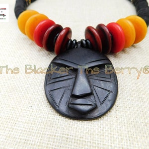 African Ebony Wooden Ethnic Jewelry Necklaces Black Red Handmade