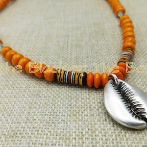 Silver Cowrie Necklace Beaded Orange Jewelry Handmade