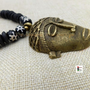 Men African Tribal Ghana Black White Beaded Brass Pendant Jewelry Handmade Gift for Him