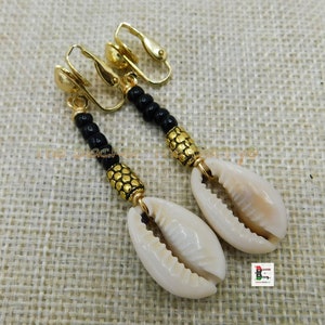 Shell Earring Clip On Cowrie Jewelry Black Gold Beach Drop Dangle Women Gift for Her