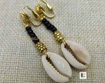 Pendiente de concha con clip en joyería Cowrie, colgante de playa de oro negro, regalo para mujer