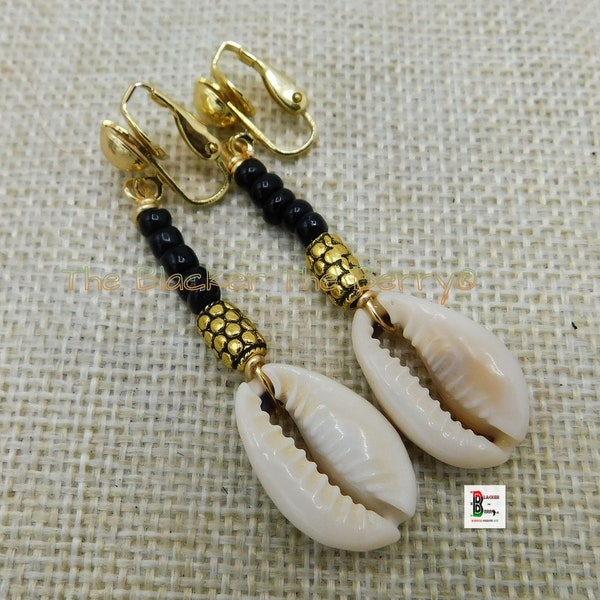 Shell Earring Clip On Cowrie Jewelry Black Gold Beach Drop Dangle Women Gift for Her