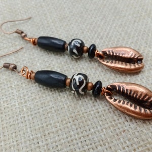 Cowrie Shell Copper Earrings, Beaded Dangles, Bohemian Jewelry, Handmade Statement, Gift for Her