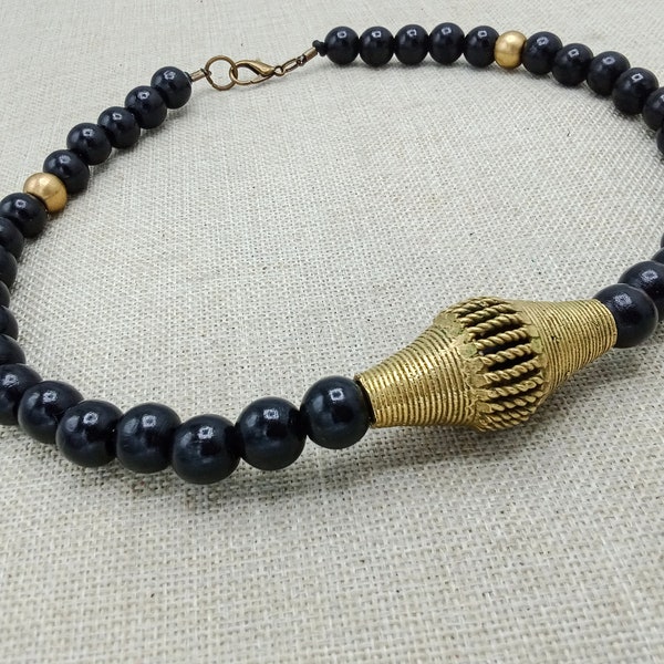 African Brass Pendant Necklace Black Beaded Jewelry Men Gift Handmade Statement