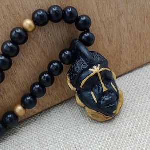 African Necklace Afrocentric Handmade Pendant Men Jewelry Black Gold Beaded Gift Christmas Kwanzaa