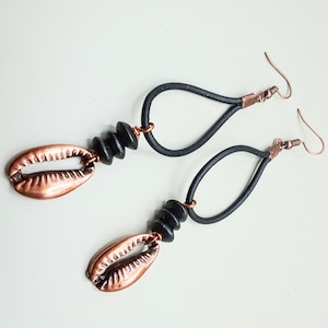 Cowrie Shell Earrings Copper Black Leather Dangle Jewelry Afrocentric Handmade Gift for Her