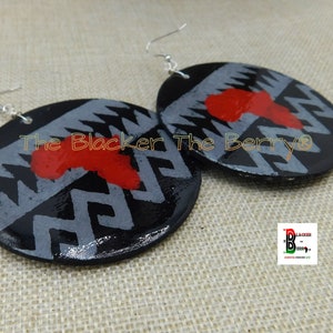 Africa Earrings Large Round Silver Black Red Wooden Jewelry Handmade Hand Painted