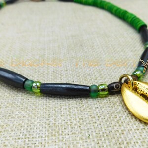 Cowrie Necklace Beaded Green Gold Jewelry Handmade
