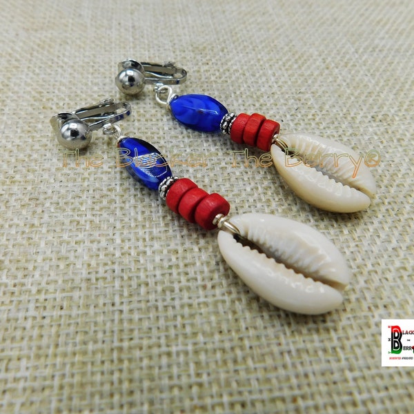 Cowrie Shell Clip On Earrings Beaded Red Blue Jewelry Handmade Dangle Gift Ideas