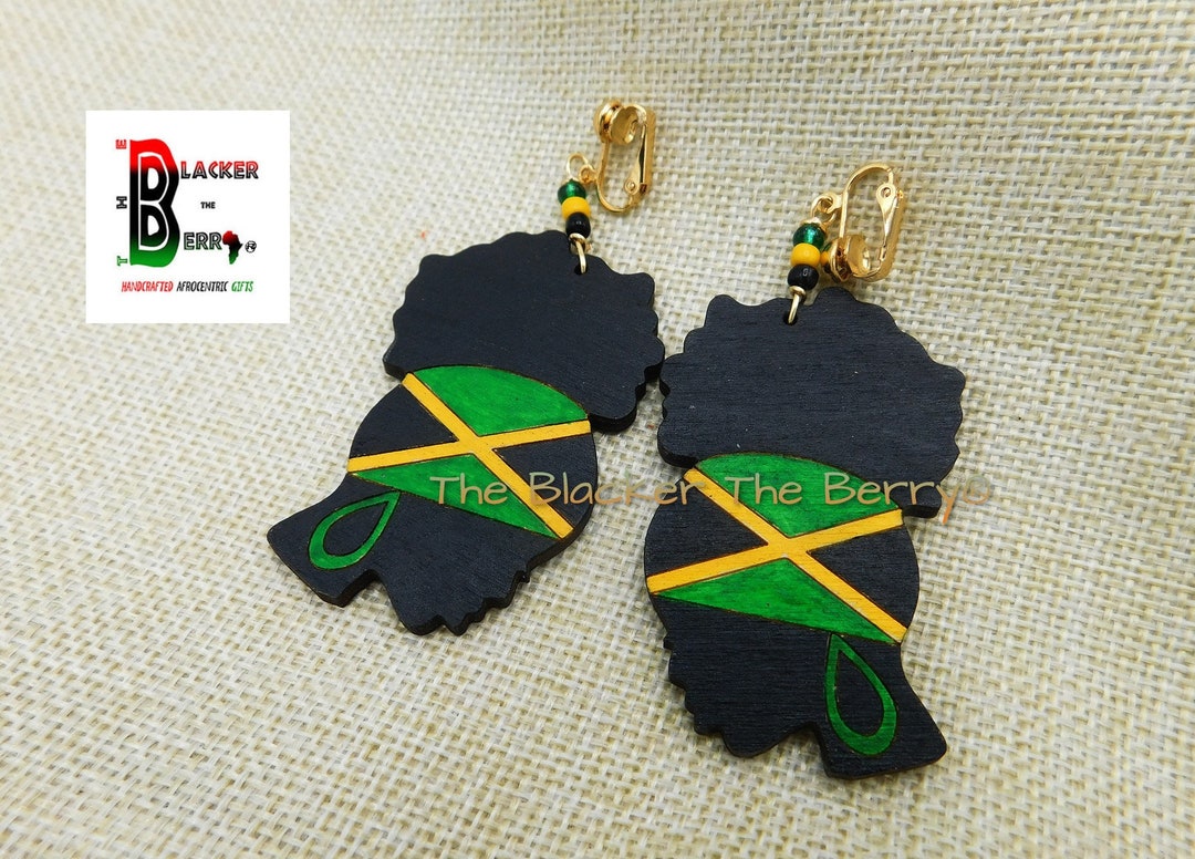 Jamaica Clip on Wooden Earrings Jamaica Flag Jewelry Afro Puff Earrings
