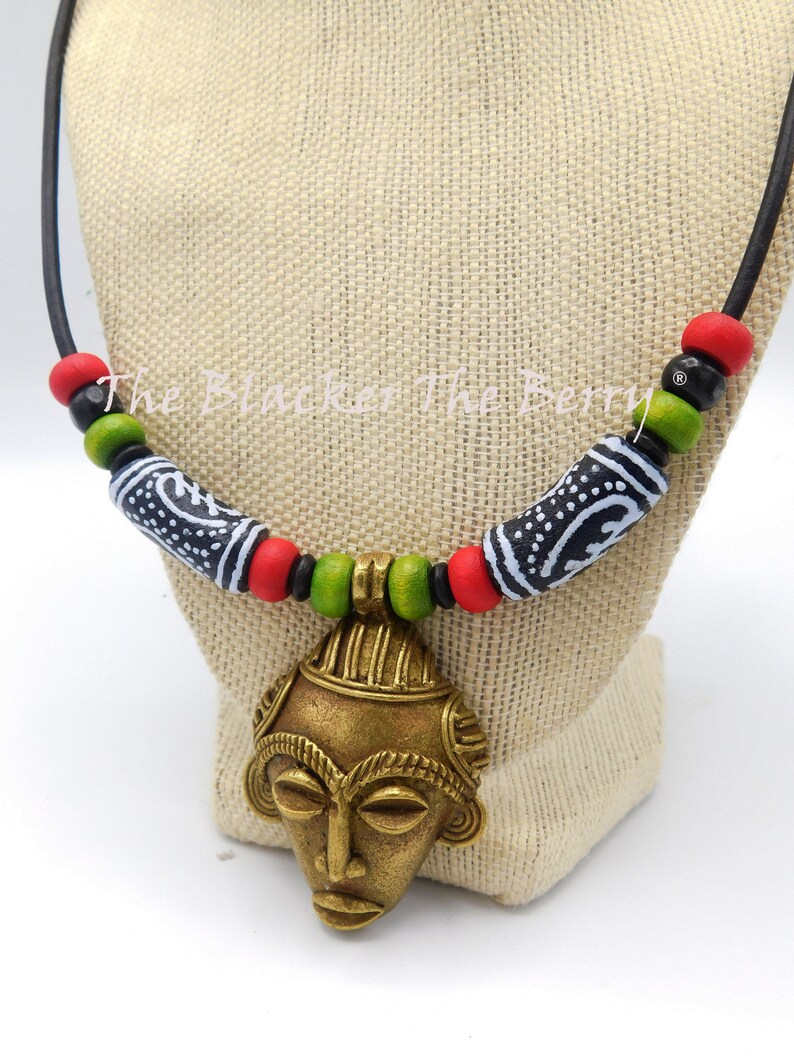 African Men Necklace Brass RBG Pan African Leather Jewelry ...
