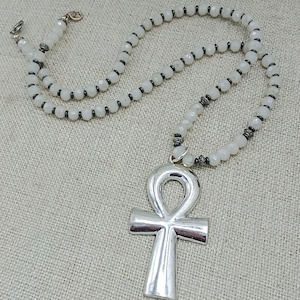 Ankh Necklace White Glass Antique Silver Beaded Women Egyptian Statement Cross  Jewelry Gift