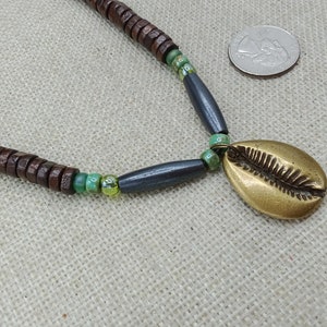 Antique Bronze Cowrie Necklace Leather Green Beaded Necklace Jewelry Gift Ideas