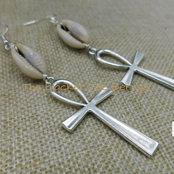 Silver Ankh Clip On Earrings Cowrie Long Dangle Egyptian Non Pierced Jewelry Handmade Gift Mom Birthday