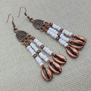 Copper Earrings White Beaded Jewelry Cowrie Shell Beach Boho Dangle Statement Gift for Her Women Birthday