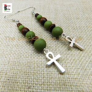 Silver Ankh Earrings Egyptian Cross Green Brown Long Jewelry Beaded Handmade Women Boho Gift for Her