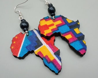 Africa Earrings Ankara Jewelry African Shape Wooden Gift for Her Handmade