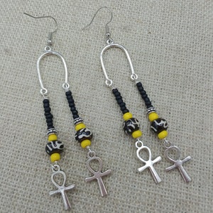 Ankh Earrings Silver Beaded Black Yellow Jewelry Egyptian Cross Gift for Her Statement