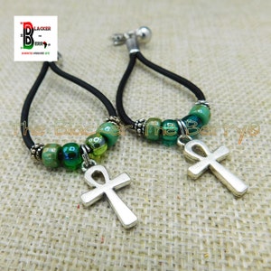 Silver Ankh Clip On Earrings Black Beaded Green Egyptian Non Pierced Jewelry