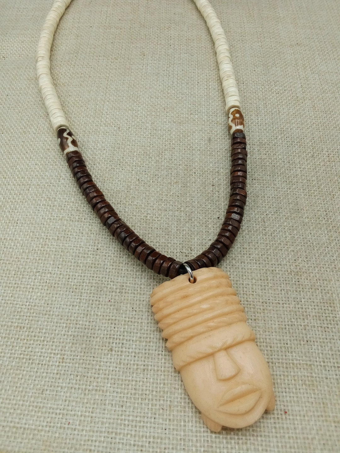 Men Carved Face Pendant Necklace Brown off White Jewelry Etsy