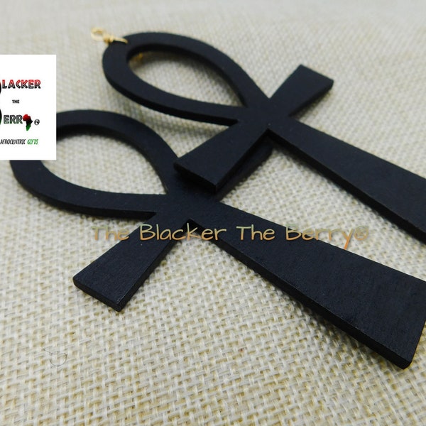 Large Wood Black Ankh Earrings Egyptian Pendant  Wooden Extra Large Handmade Gift for Her