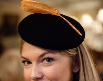 Wool Felt BERET hat decorated with Gold Feather, handcrafted bespoke fascinator, women hair accessory, made in London, UK