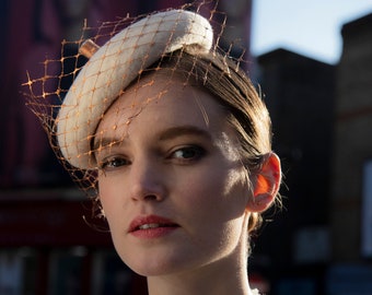 Ivory Felt Beret with Gold Veil, handcrafted bespoke fascinator, designer women hair accessory, hand made in London