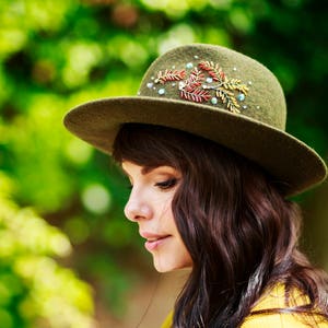 Olive Green Felt Fedora, Hand-Stitched Embroidery, Velvet Ribbon, Handmade by Elena Shvab Millinery London image 1