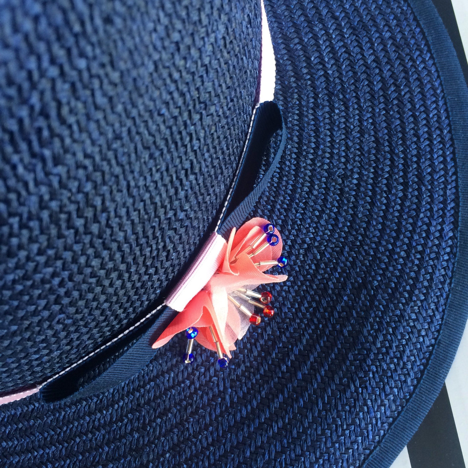 Navy Straw Summer Fedora Hat, Pink and Blue Classic Bow Ribbon