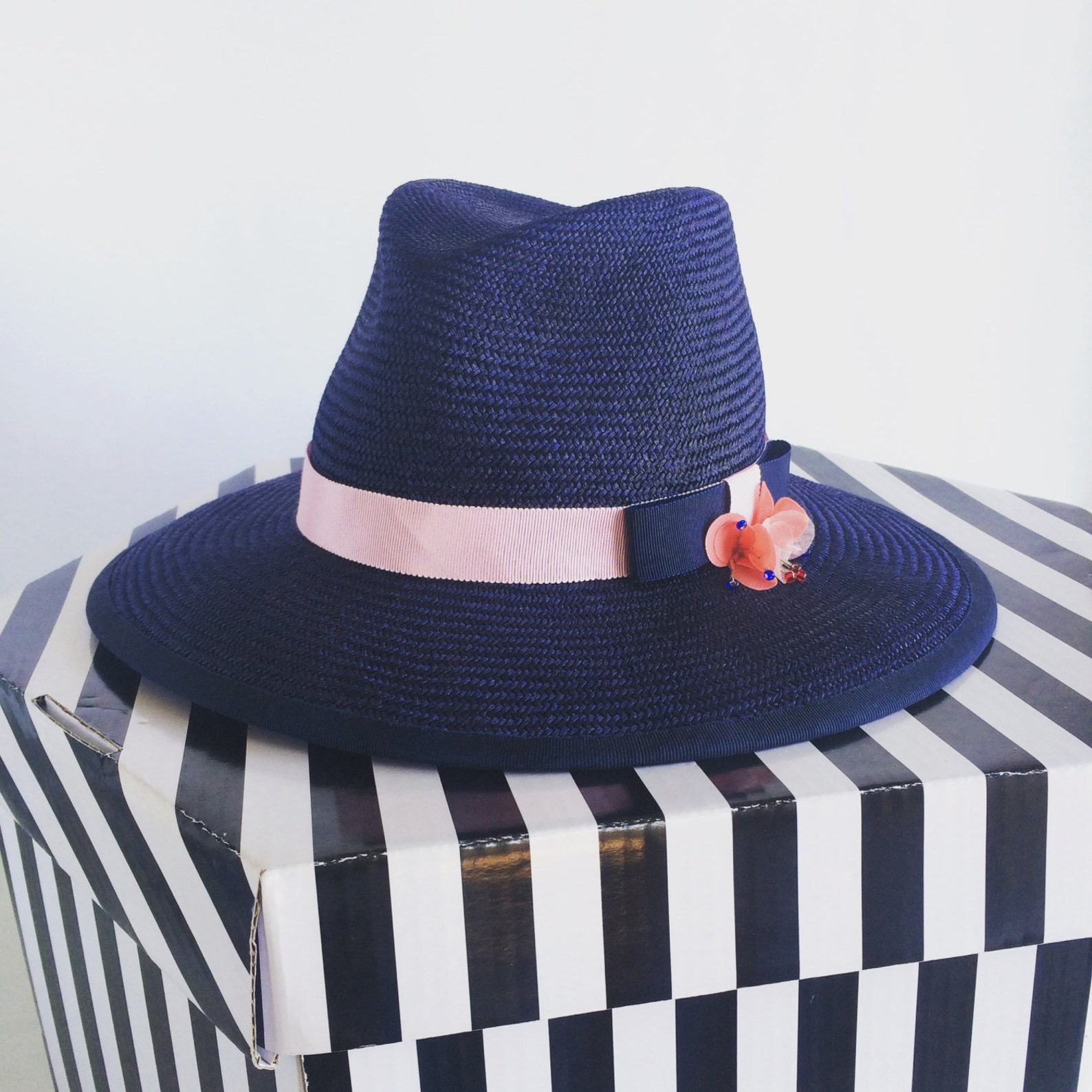 Navy Straw Summer Fedora Hat, Pink and Blue Classic Bow Ribbon