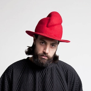 Unisex Red Felt Fedora hat, handmade red hat, woman hat, man hat, statement winter wool felt hat