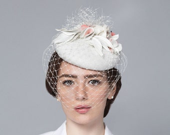 Bridal veil fascinator hat, wedding hair accessory with handmade flowers, sating covered straw base, bespoke millinery made in London