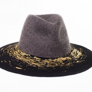 Fedora Floppy hat decorated with gold, women headwear, grey crown and black brim, bespoke millinery, handcrafted in London, UK
