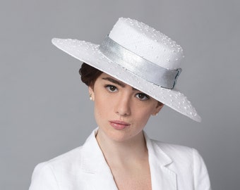 Bridal wide brim white straw wedding hat, mother of the bride/groom, decorated with veil and silver flower and hatband