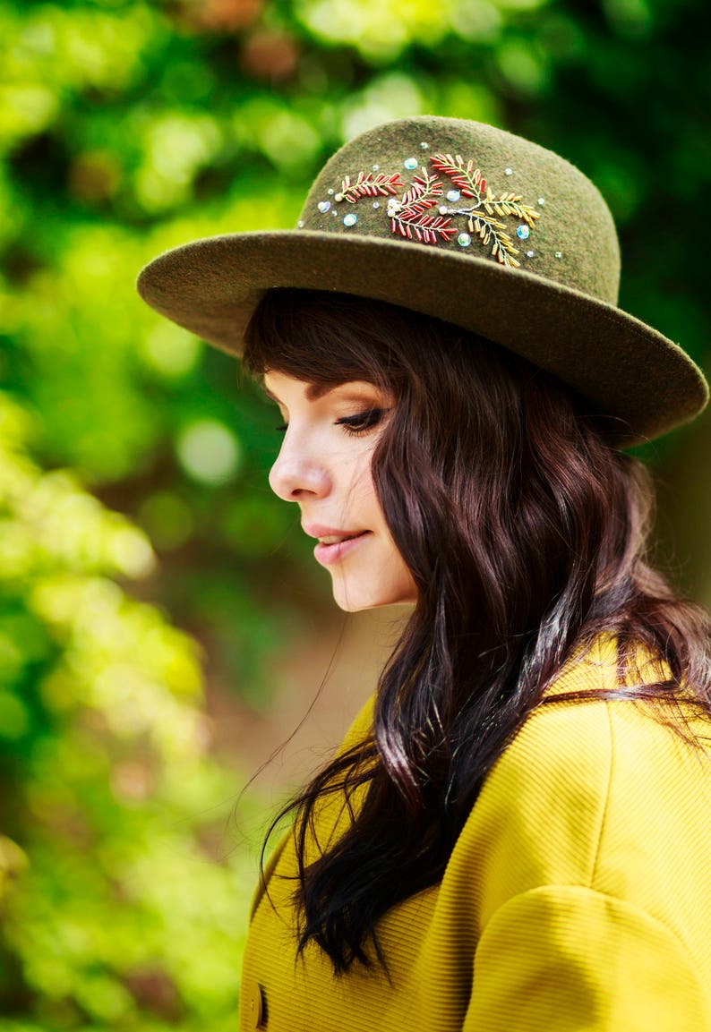 Olive Green Felt Fedora, Hand-Stitched Embroidery, Velvet Ribbon, Handmade by Elena Shvab Millinery London image 1