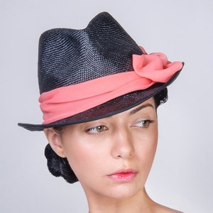 Straw Trilby Summer Hat, Woman Fedora style Hat, Pink Chiffon Decor Bow, Handmade Hat, Black or Navy visca straw colours image 1