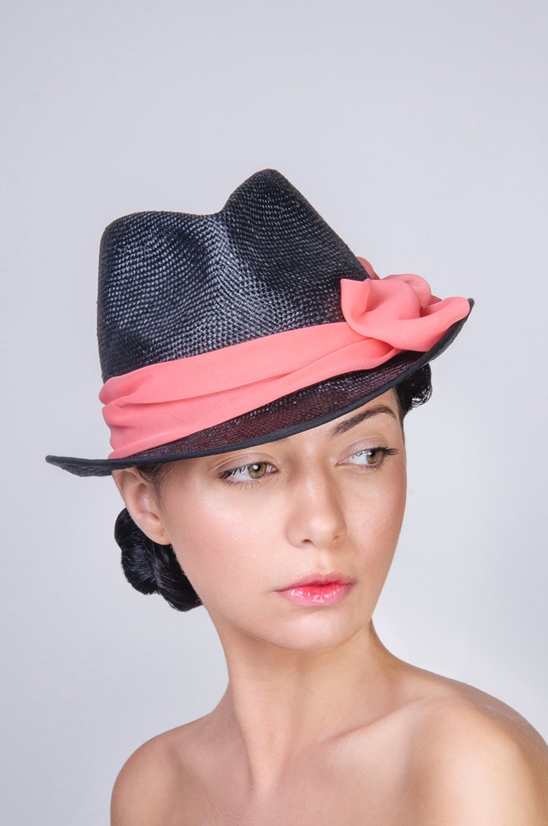 Straw Trilby Summer Hat, Woman Fedora style Hat, Pink Chiffon Decor Bow, Handmade Hat, Black or Navy visca straw colours image 1