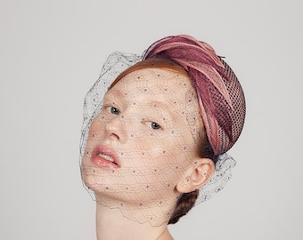 Vintage Inspired Sinamay Straw Fascinator, Handmade Ascot Hat, Vintage Silk Veil