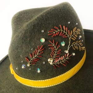 Olive Green Felt Fedora, Hand-Stitched Embroidery, Velvet Ribbon, Handmade by Elena Shvab Millinery London image 4