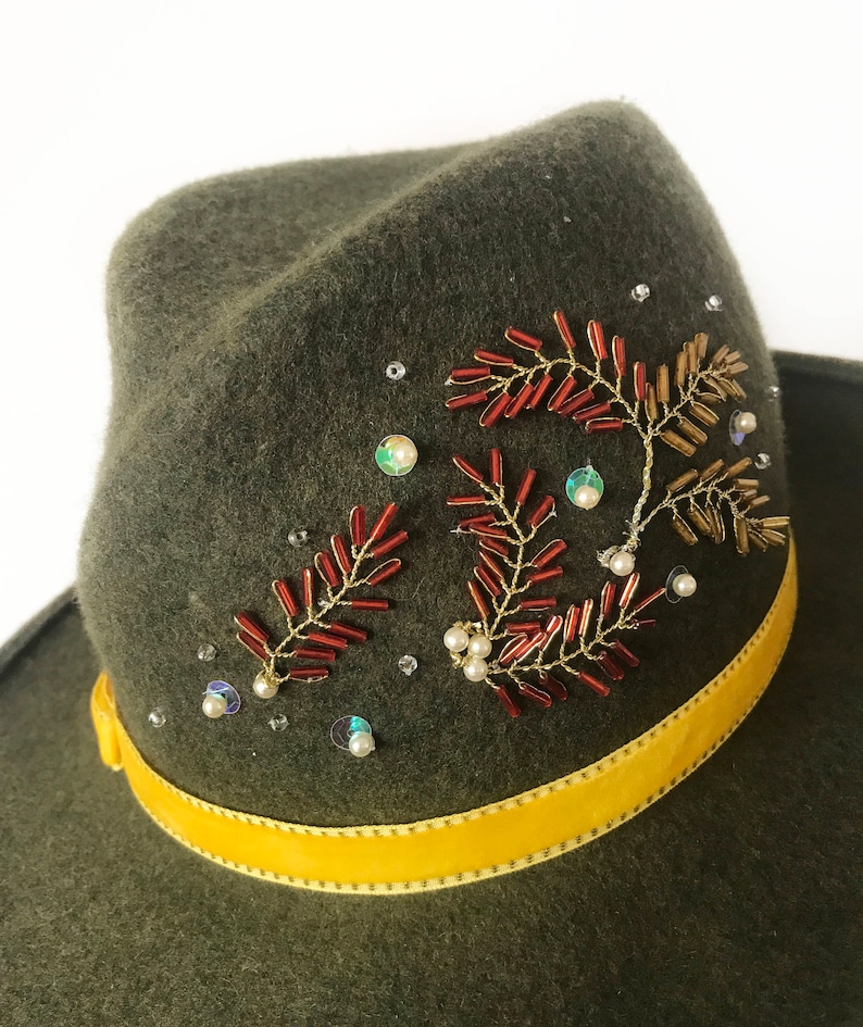 Olive Green Felt Fedora, Hand-Stitched Embroidery, Velvet Ribbon, Handmade by Elena Shvab Millinery London image 4