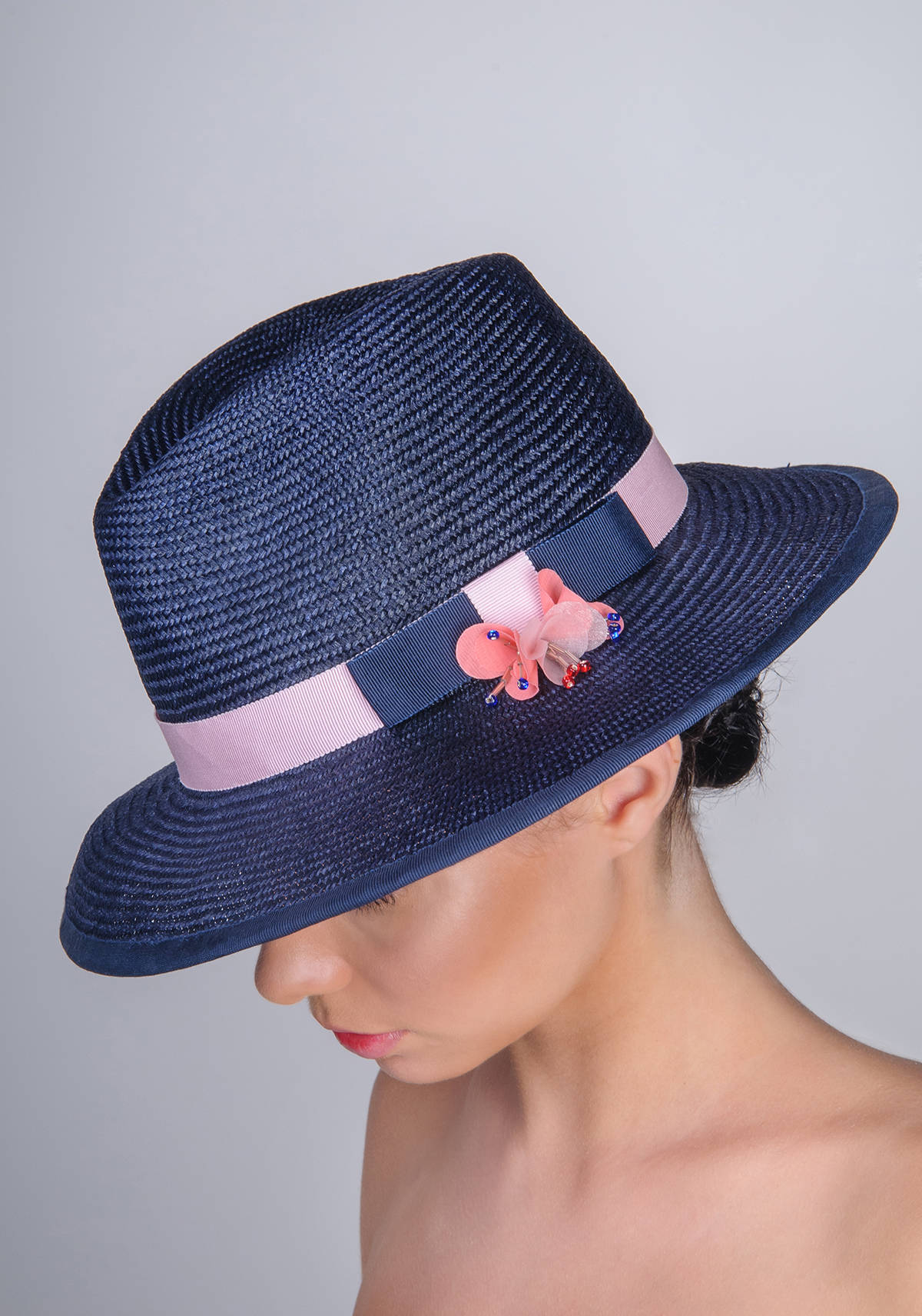 Navy Straw Summer Fedora Hat, Pink and Blue Classic Bow Ribbon
