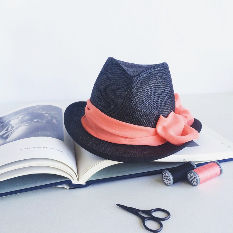 Straw Trilby Summer Hat, Woman Fedora style Hat, Pink Chiffon Decor Bow, Handmade Hat, Black or Navy visca straw colours image 3