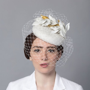 Bridal veil couture fascinator veil hat, mini hat white womens wedding hair accessory, bespoke millinery handmade in London UK