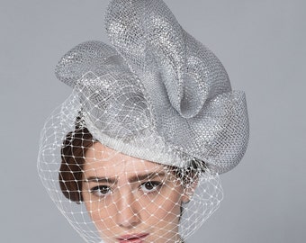 Bridal veil fascinator hat, wedding hair accessory made of straw and silver crinoline horse hair, bespoke millinery hand made in London
