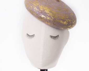 Grace - Wool felt beret decorated with gold metallic foil, handcrafted bespoke fascinator, women hair accessory, handmade in London, UK
