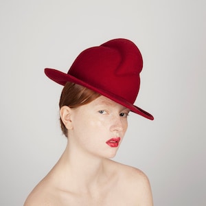 Red Felt Fedora Hat, Handmade Designer Headwear, Unisex Winter Hat