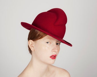 Unisex Red Felt Fedora hat, handmade hat, woman hat, man hat, statement winter wool felt hat