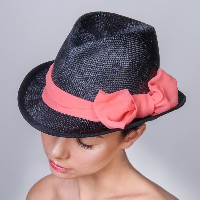 Straw Trilby Summer Hat, Woman Fedora style Hat, Pink Chiffon Decor Bow, Handmade Hat, Black or Navy visca straw colours image 2